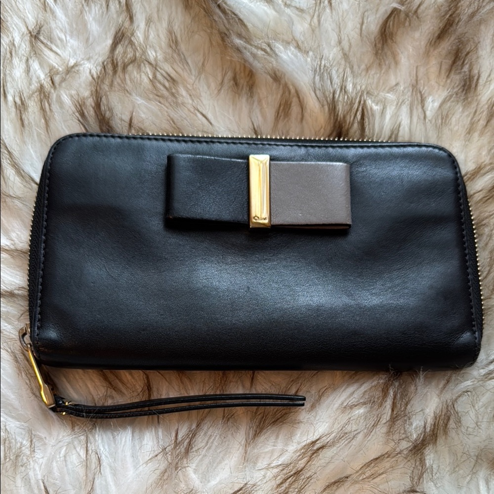Chloe Chic Black Leather Zip Around Wallet with Gold Accent
